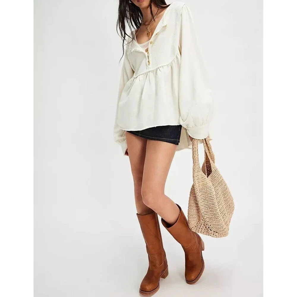 Free People About A Girl Pullover Sweatshirt Top Henley Flowy Cotton M 289539